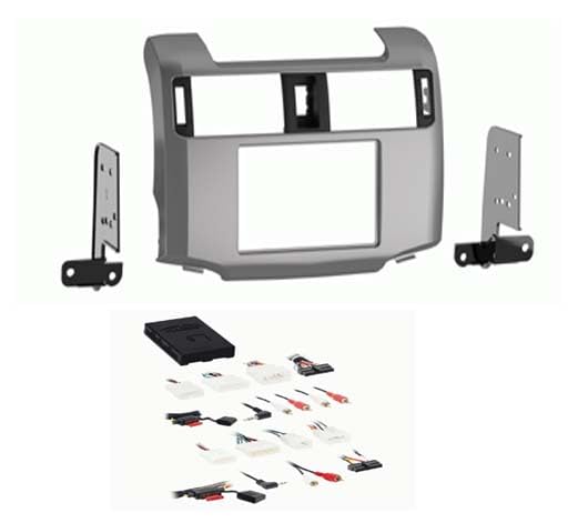 Single and Double DIN Car Stereo Radio Install Kit (Silver) Package Compatible with Toyota 4RUNNER 2010 2011 2012 & 2013 with Factory Amplifier and Steering Wheel Controls (SWC)