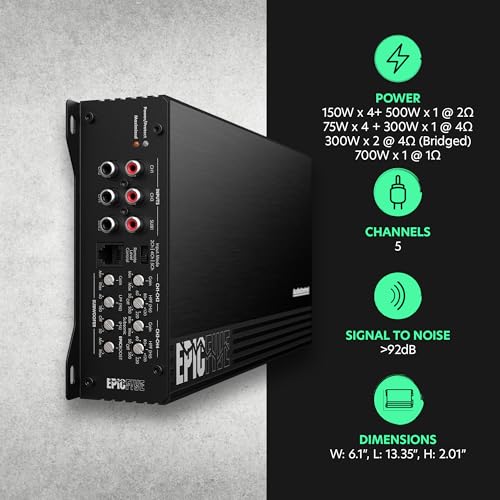 AudioControl EPICFIVE Epic Series 1100W RMS 5-Channel Car Audio Amplifier & Remote + EPICX Series 12" 500W RMS Loaded Vented Ported Subwoofer Enclosure Box + (3) 17ft 2-Channel Interconnect RCA Cables
