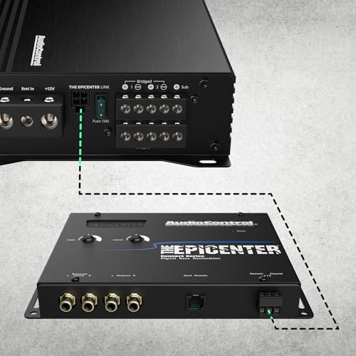 AudioControl EPICFIVE Epic Series 1100W RMS 5-Channel Car Audio Amplifier & Remote + EPICX Series 12" 500W RMS Loaded Vented Ported Subwoofer Enclosure Box + (3) 17ft 2-Channel Interconnect RCA Cables
