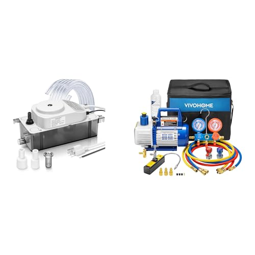 VIVOHOME HVAC Condensate Pump with Automatic Safety Alarm Switch, Ultra-Quiet 25dB DC Motor, 65 GPH, and 4CFM Rotary Vane Air Vacuum Pump and R134a Manifold Gauge Set with Leak Detector for HVAC