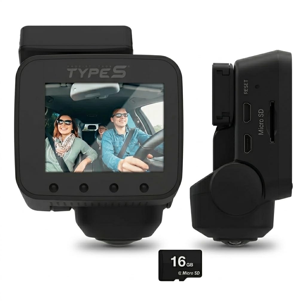 Type S P100 Smart 360° Dash Camera Front & Inside, Parking Surveillance, 1080P Blind Side Coverage, VR 360 Video Recording Mode, Automatic Night Vision, Uber Lyft, SD Card Included