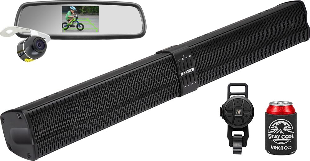 KICKER ATV/UTV Sound Bar Package - 10 Bluetooth Speaker Soundbar with Rear View Mirror Back-up Camera System, Water Resistant and Weather Proof for Marine, Boat, Golf Cart and RV