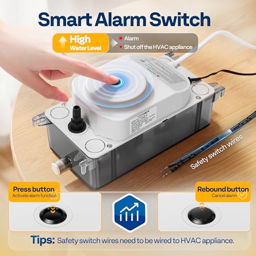 VIVOHOME HVAC Condensate Pump with Automatic Safety Alarm Switch, Ultra-Quiet 28dB DC Motor, 80 GPH, and 4CFM 1/3 HP 1-Stage HVAC Vacuum Pump and 4 Way AC Manifold Gauge Set with Leak Detector