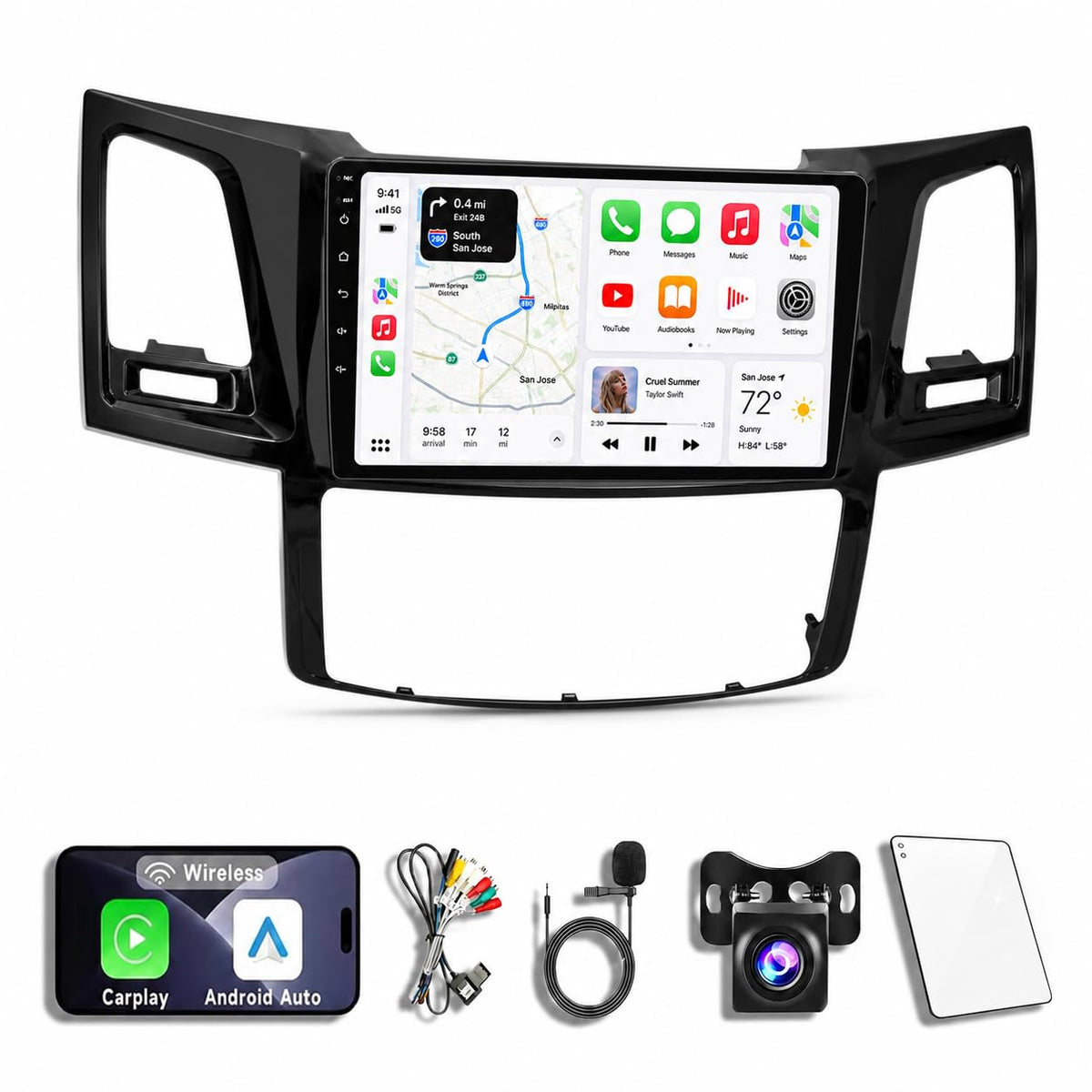 Android 14 Car Radio Stereo for Toyota Fortuner, Toyota Hilux Revo, Toyota Vigo 2005-2014, 9 Inch Touch Screen Dash Kit with Wireless CarPlay Android Auto GPS Navigation Bluetooth SWC WiFi 5G DSP RDS