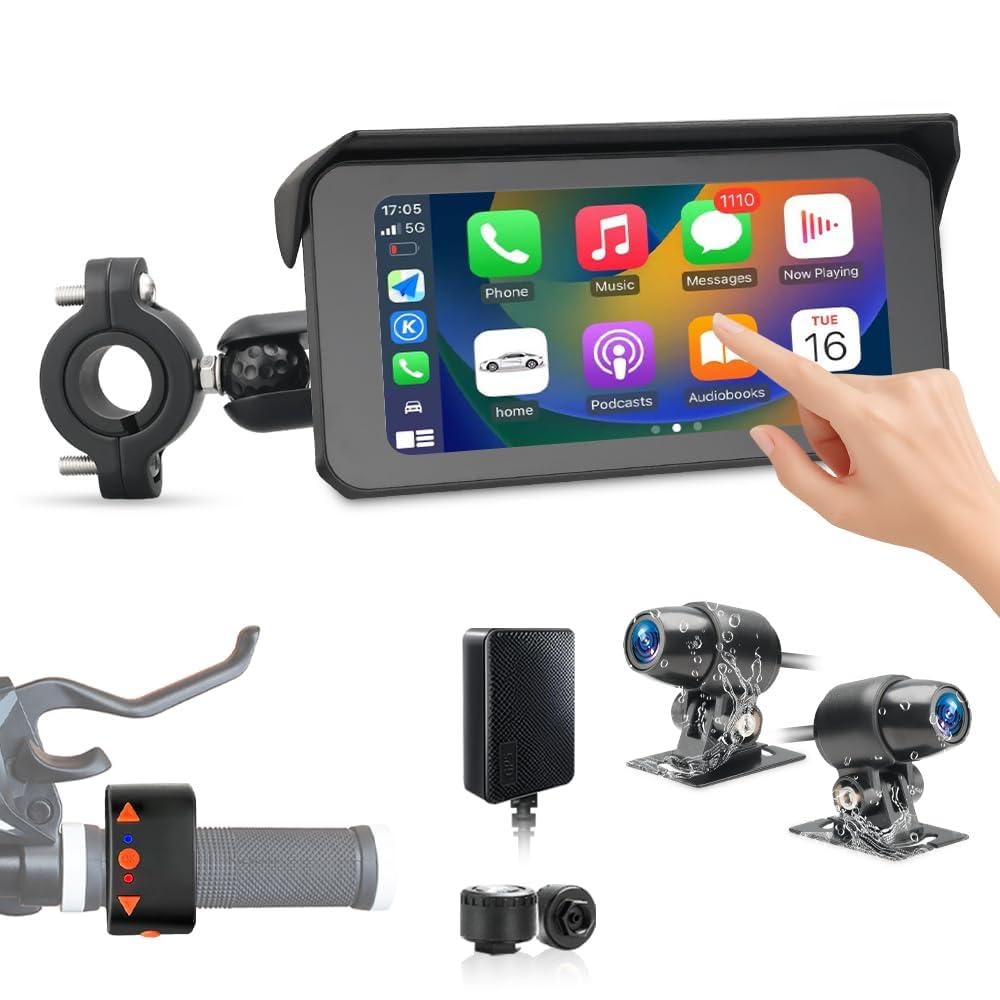 Motorcycle Carplay Screen, Wirelss Carplay Android Auto, Tire Pressure Sensors, Parking Monitoring, WiFi 5 Inch Touchscreen 1080P Front and Rear Camera Motorbike Dash Camera, GPS (5-inch)