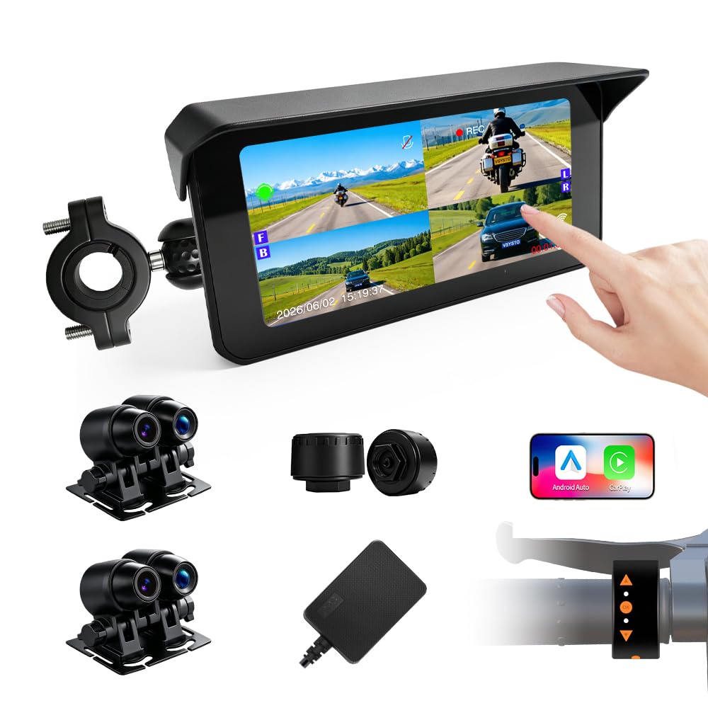 Motorcycle Carplay Screen, Wirelss Carplay Android Auto, Tire Pressure Sensors, Parking Monitoring, WiFi 5 Inch Touchscreen 1080P Front and Rear Camera Motorbike Dash Camera, GPS (5-inch)