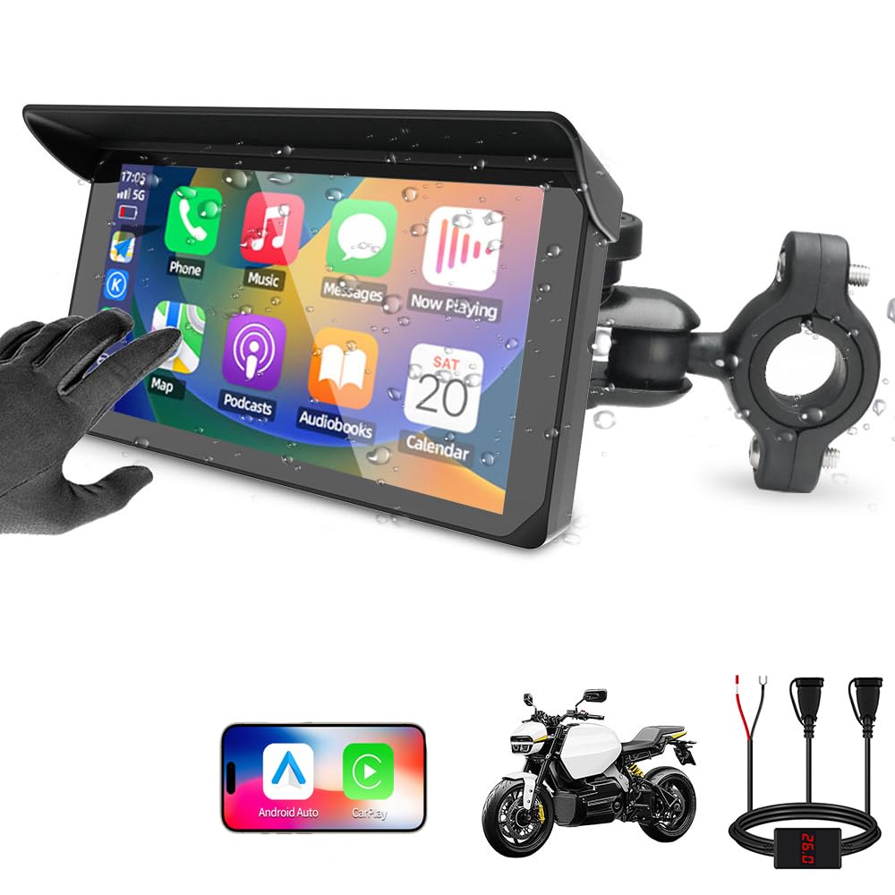 Motorcycle Carplay Screen, Wirelss Carplay Android Auto, Tire Pressure Sensors, Parking Monitoring, WiFi 5 Inch Touchscreen 1080P Front and Rear Camera Motorbike Dash Camera, GPS (5-inch)