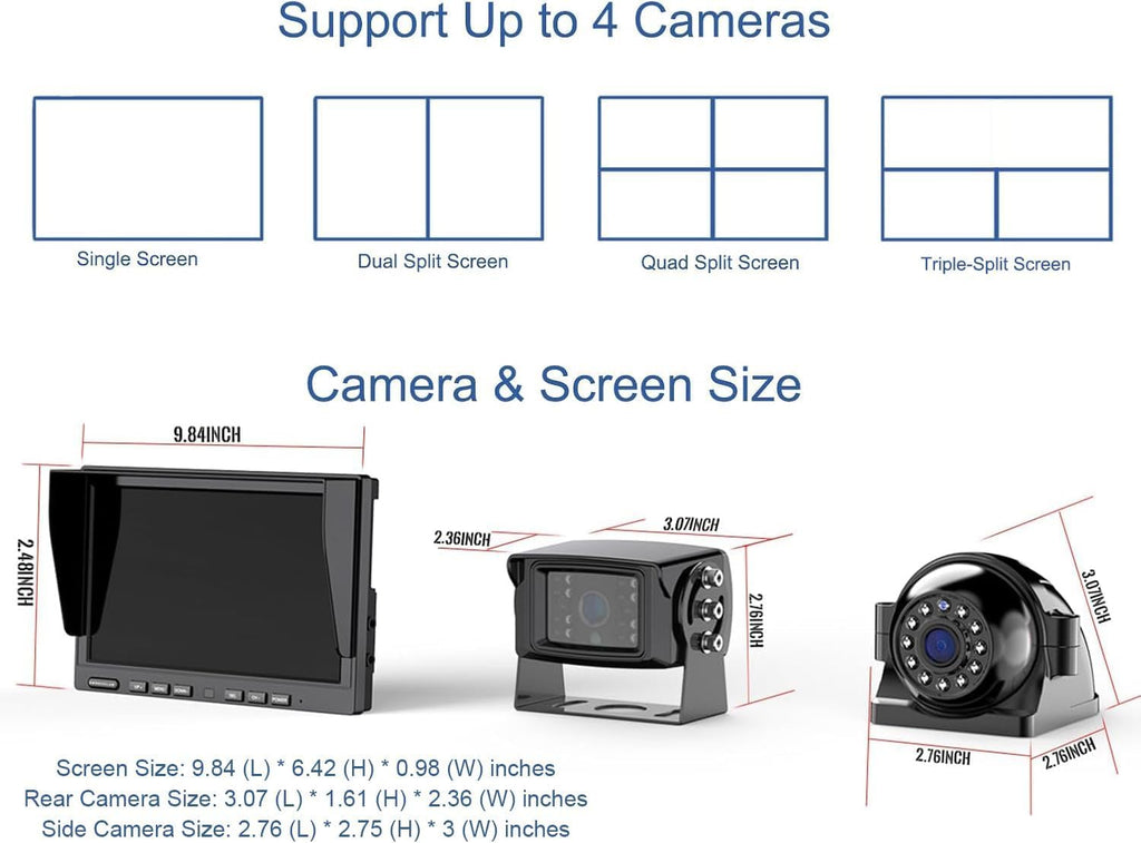 1080P Wireless Backup Camera System Kit with 10'' DVR 3 Split Monitor, IP69 Waterproof Digital Signal Record System 1 Rear 2 Side View Cameras for RV/Truck/Trailer/Camper—BW103SL