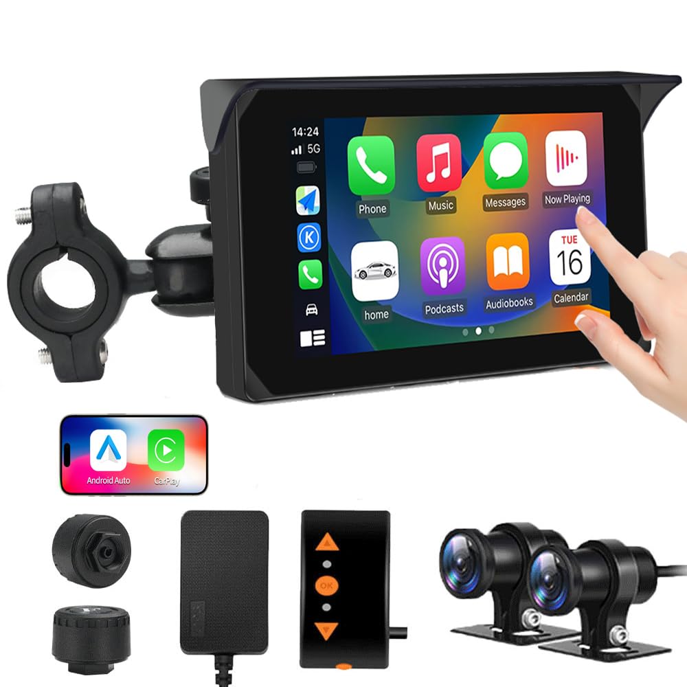 Motorcycle Carplay Screen, Wirelss Carplay Android Auto, Tire Pressure Sensors, Parking Monitoring, WiFi 5 Inch Touchscreen 1080P Front and Rear Camera Motorbike Dash Camera, GPS (5-inch)