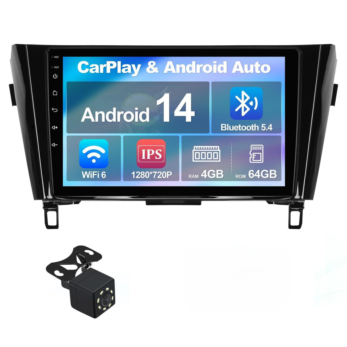 4+64G 10.1-inch Android 14 Car Stereo for Nissan Rogue X-Trail Qashqai 2014-2018 IPS Touchscreen Screen Car Radio with WiFi 6 Carplay & Android Auto Support Backup Camera GPS FM Navi Bluetooth 5.4 SWC