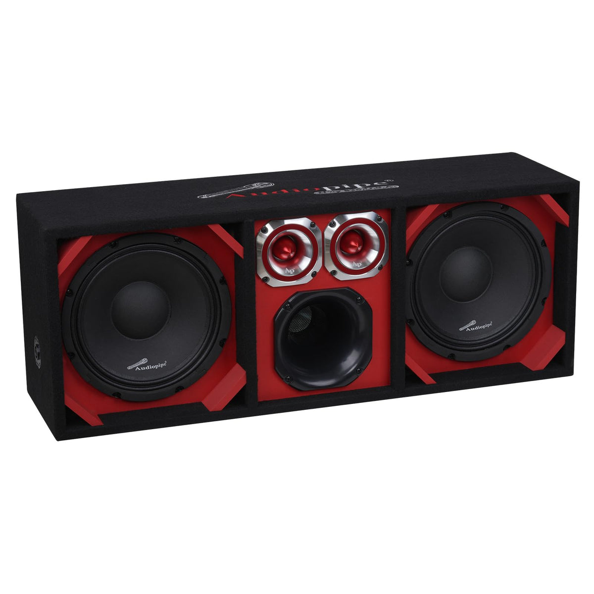 Audiopipe High Performance Vented Car Audio Enclosure (AP-CHU-1028RED), Dual 10" Speakers 1000W Peak, 6x6 Midrange, Dual Tweeters, MDF 4 Ohm System with Quick Disconnect Cable