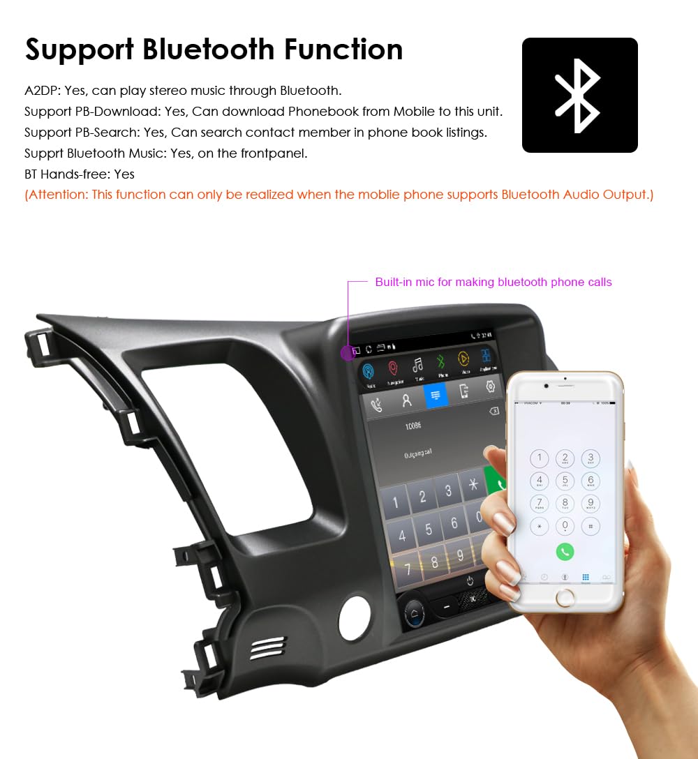 64GB Android14 Car Radio Upgrade for Honda Civic 2006-2011 10.4 Inch IPS Touch Screen Supports Wireless Carplay/Android Auto,Steering Wheel Control, WiFi, FM 2GB ROM Car Tablet