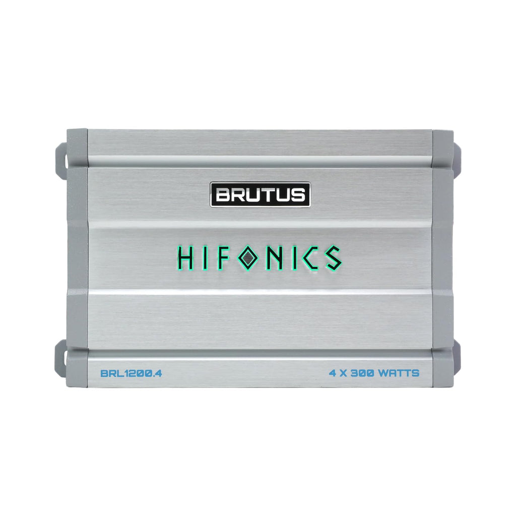 Hifonics Brutus BRL1200.4 car Audio Four Channel Amplifier Delivering 1200 watts RMS with a Built-in UV Meter and Intelligent Power Management System.