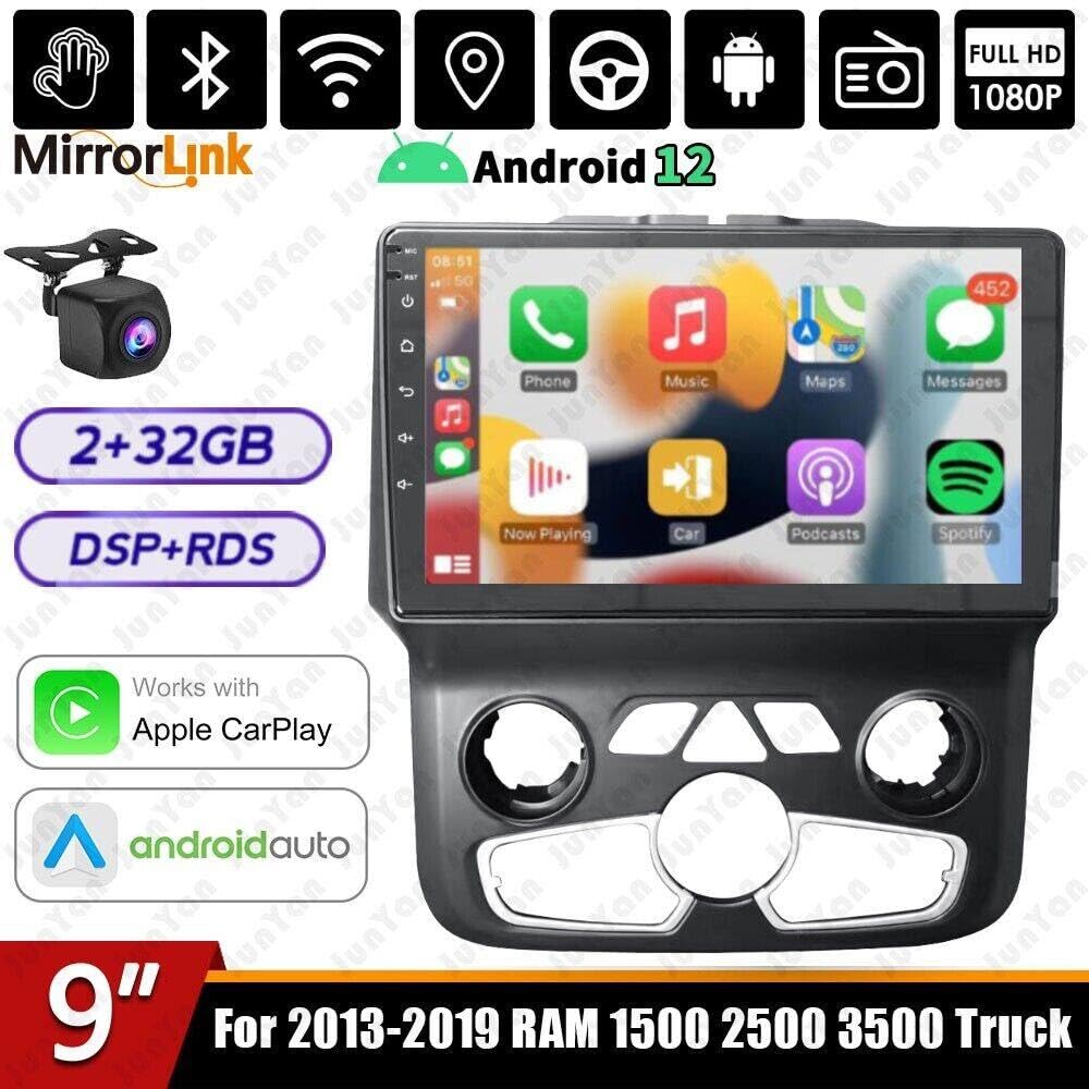 2+32G Car Radio Stereo Compatible with Dodge Ram 1500 2500 3500 2013-2019 Car Stereo Android 13 9Inch HD Touch Screen with Wireless Carplay Android Auto GPS Navigation Rear Backup Camera