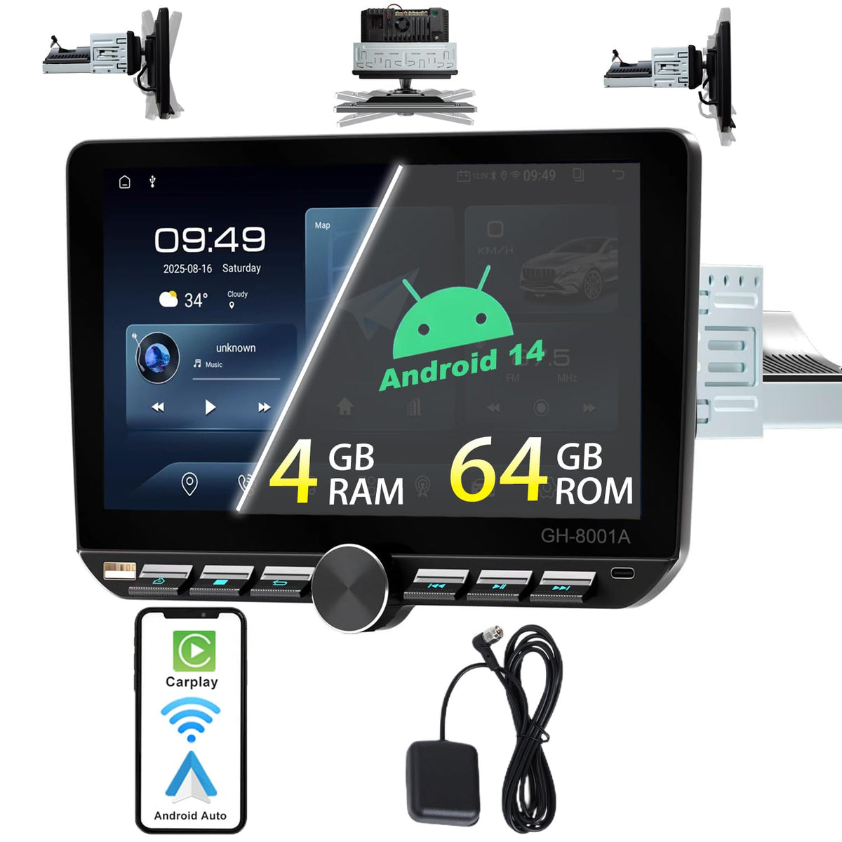 Single Din Car Radio Touchscreen Android 14 with Wireless CarPlay