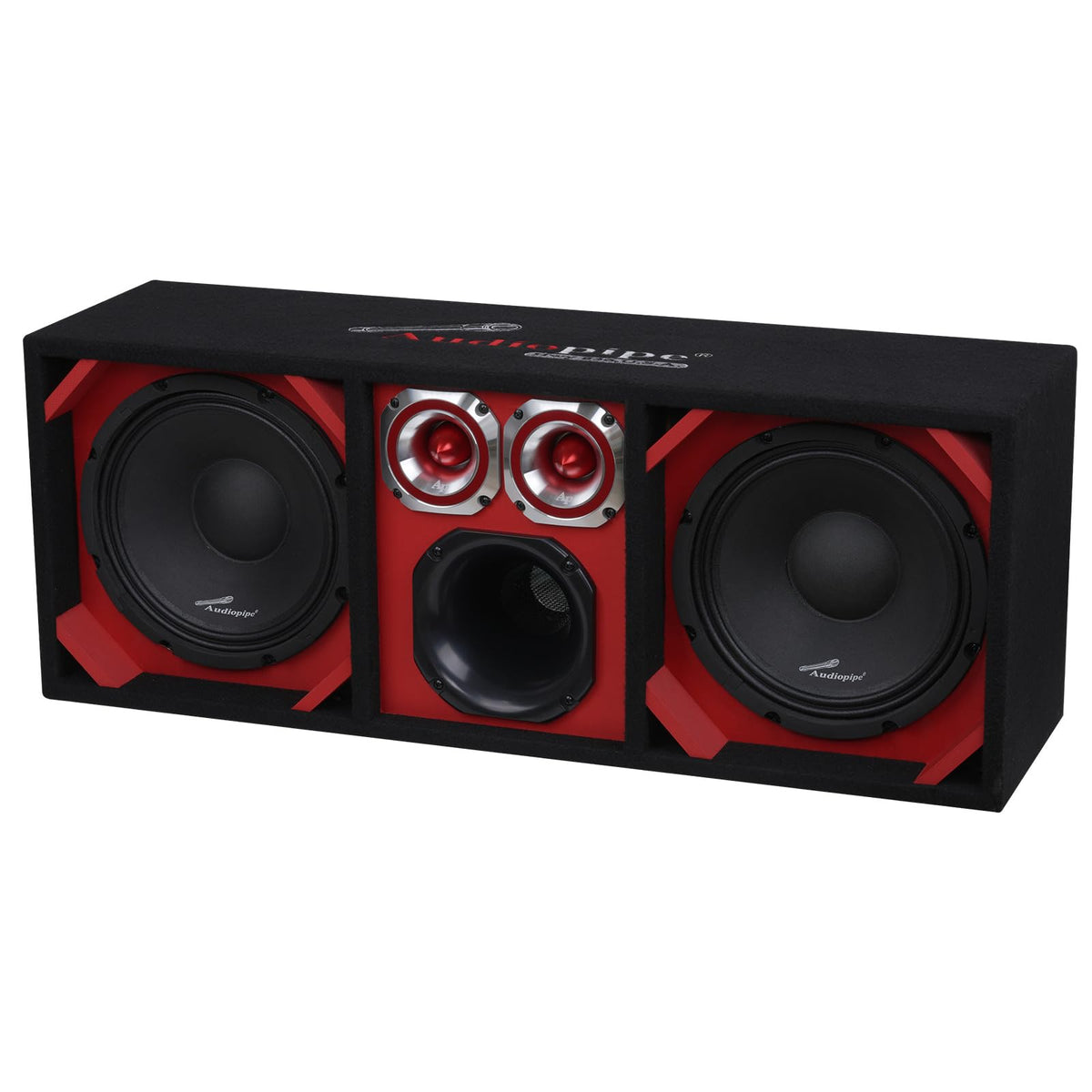 Audiopipe High Performance Vented Car Audio Enclosure (AP-CHU-1028RED), Dual 10" Speakers 1000W Peak, 6x6 Midrange, Dual Tweeters, MDF 4 Ohm System with Quick Disconnect Cable