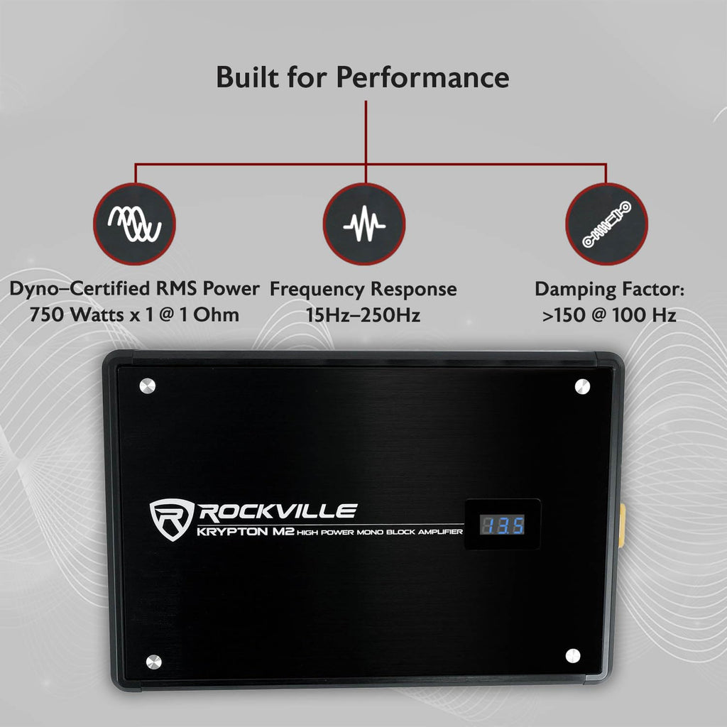 Rockville Krypton-M2 Mono 1-Ohm Car Amplifier, 3000W Peak, 750W RMS