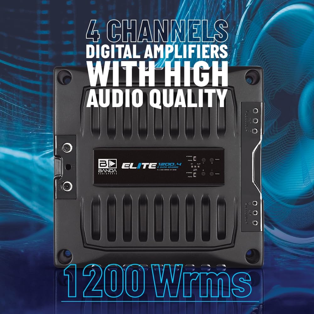 Banda Audioparts Elite 1200.4 1-Ohm Stable 4-Channel Car Amplifier - 1200W RMS @ 12.6V Class D Full Range Amp, Compact High-Efficiency 4CH Amplifier for Speakers & Subwoofers and Drivers and TWEETERS