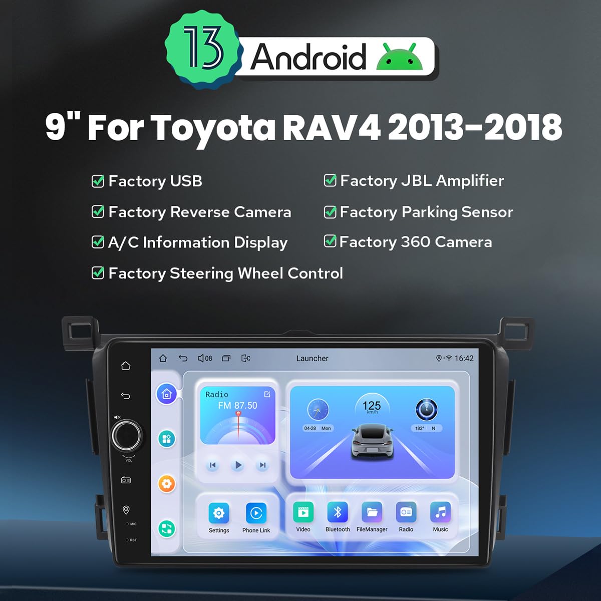 JOYING Car Radio for Toyota RAV4 2013-2018 Android 13 Head Unit 9 Inch Touch Screen Car Stereo with Carplay & Android Auto, GPS Navigation, Bluetooth, SWC, AM/FM Radio(JY-TT186N8)