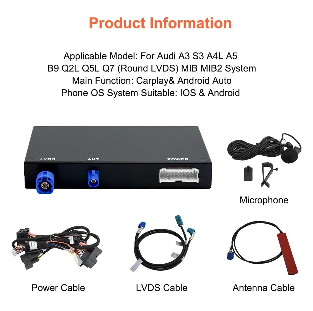 Wireless Carplay for Audi A3 S3 A5 A4L Q2L Q5L Q7 2013-2018 with MIB MIB2 System Carplay Android Auto Retrofit Kit Decoder Round LVDS Support Bluetooth, Mirrorlink, Siri, Navigation, Camera