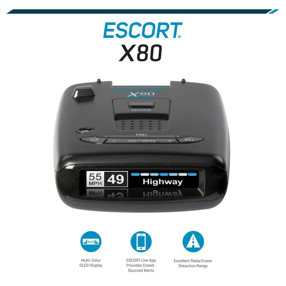 Escort X80 Laser Radar Detector - Extreme Long Range Early Alert Protection, False Alert Filter, Multi Color OLED Display, Crystal Clear Voice Alerts, Live Crowd Sourcing, Black