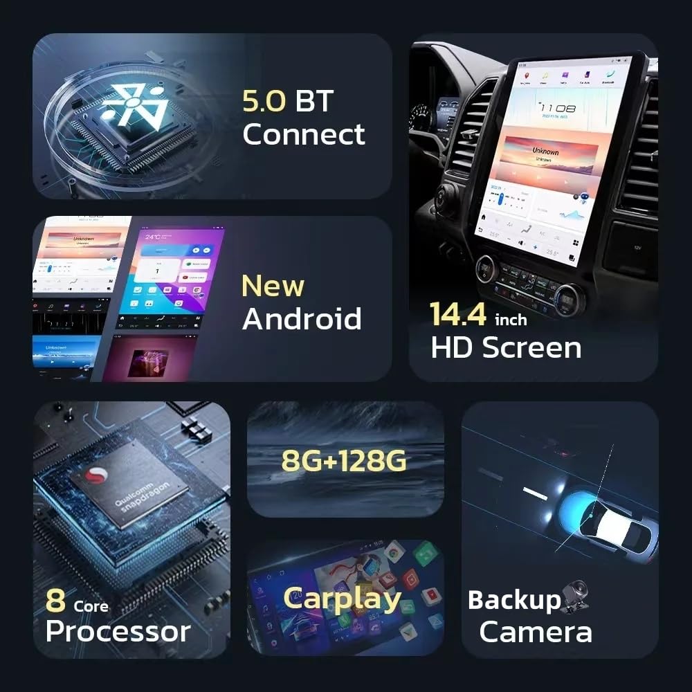 Qualcomm Android 11 Radio for Ford F150 (2015-2020) F250/F350 (2017-2022) Stereo 14.4 Inch 2K IPS Screen 8 Core 8GB+128GB Built-in Wireless Carplay/Android Auto/WIFI/4G LTE/DSP