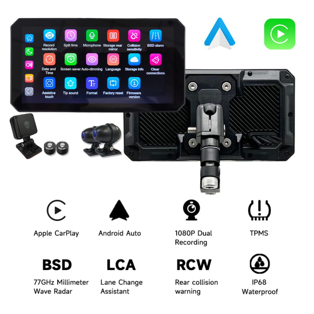 M2PRO-201 Motorcycle Streaming Smart System,Wireless Connectivity CarPlay/Android Auto,Rear-View Streaming Lane Change Assist,1080P HD Dashcam,G-Sensor(Host+Cameras)