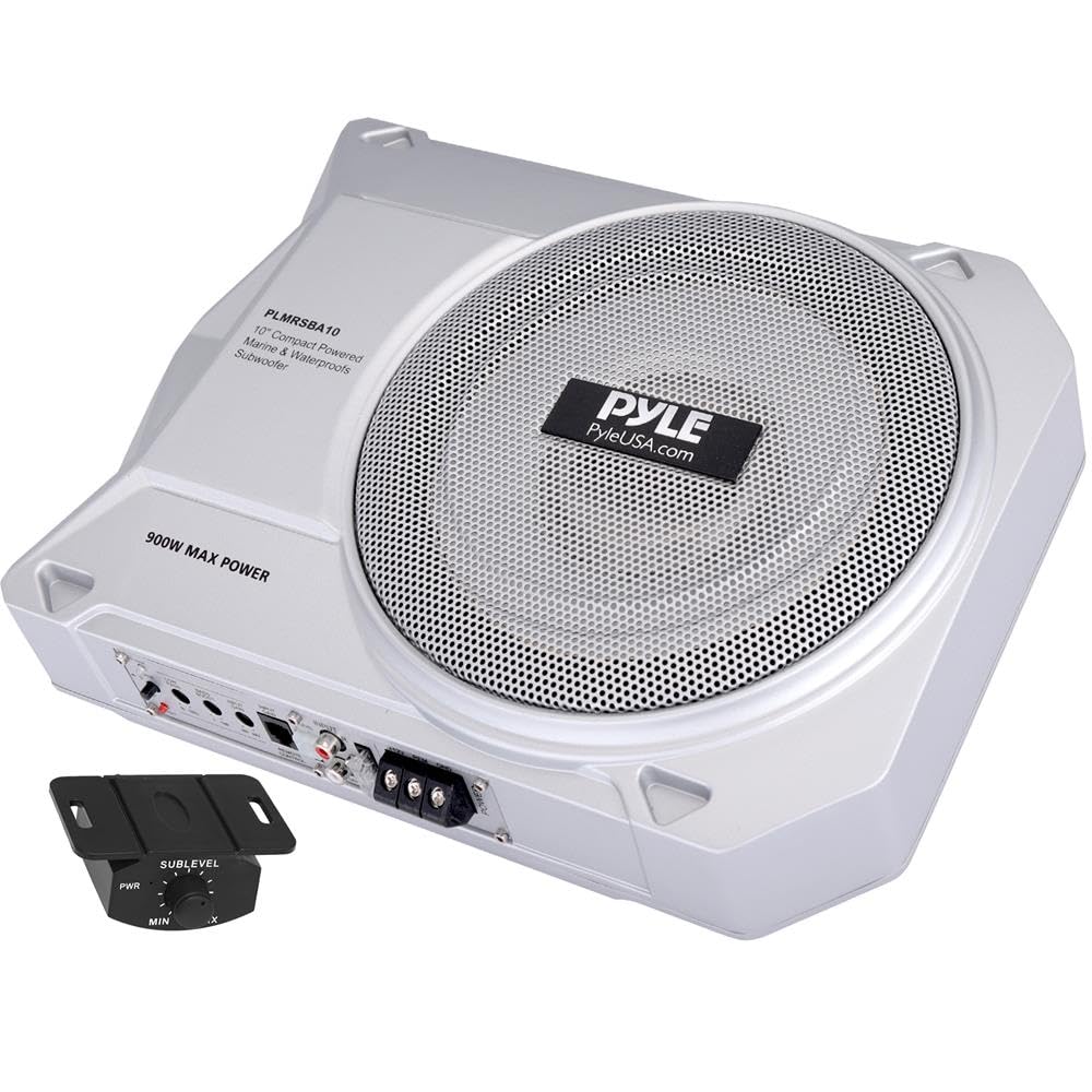 Pyle 10-Inch Low-Profile Amplified Subwoofer System - 900 Watt Compact Enclosed Active Marine Underseat Car Subwoofer with Built In Amp, Powered Car Subwoofer w/ Low & High Level Inputs