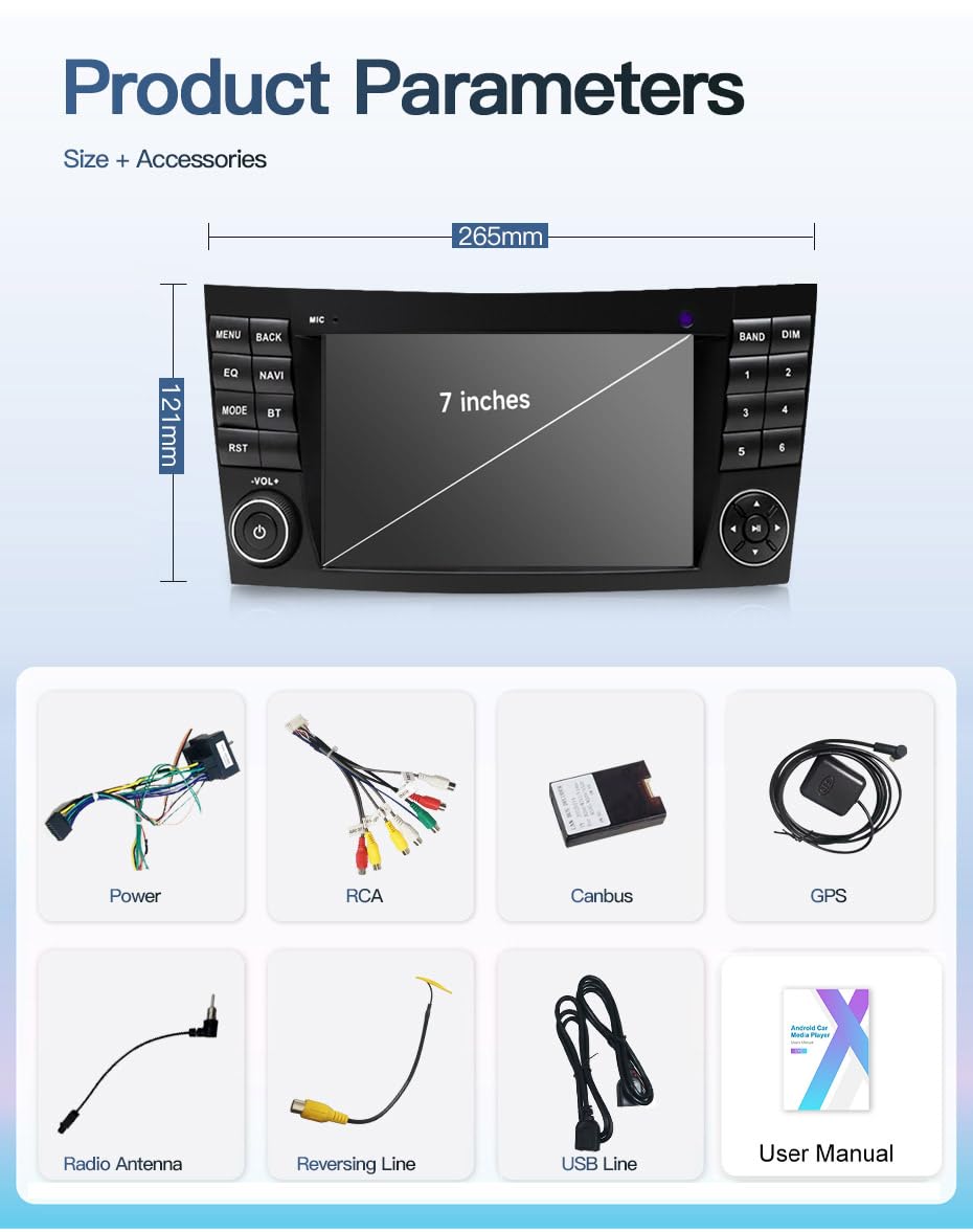 7 Inch Android Car Radio with GPS Navigation + HD Car Reversing Camera Replacement for Mercedes Benz C E Class W203 E W211 CLS Class W219 CLK W209 SL R230 R171 C219 S203 S21 B200 A160 GLS300 S203