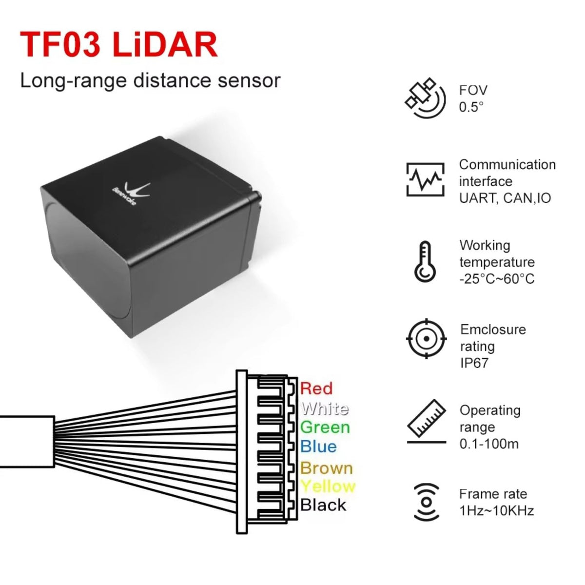 BENEWAKE TF03-100 Industrial Long Range LiDAR Sensor Laser Radar, 100m Measurement IP67 Waterproof, UART/RS232/RS485/CAN Interface, for UAV, Industrial Safety and Traffic Flow Detection (UART)