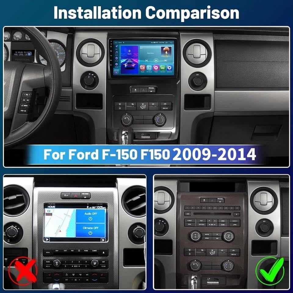 Car Radio Stereo for Ford F150 2009-2014 Android 13 9 Inch Screen Car in-Dash GPS Navigation RAM 2GB ROM 32GB Wireless Carplay WiFi Free Camera
