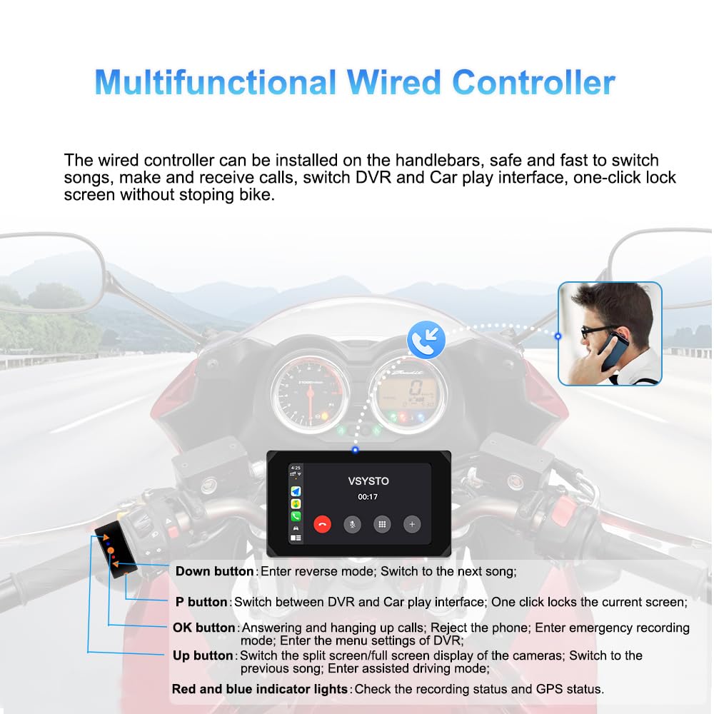 Motorcycle Carplay Screen, Wirelss Carplay Android Auto, Tire Pressure Sensors, Parking Monitoring, WiFi 5 Inch Touchscreen 1080P Front and Rear Camera Motorbike Dash Camera, GPS (5-inch)