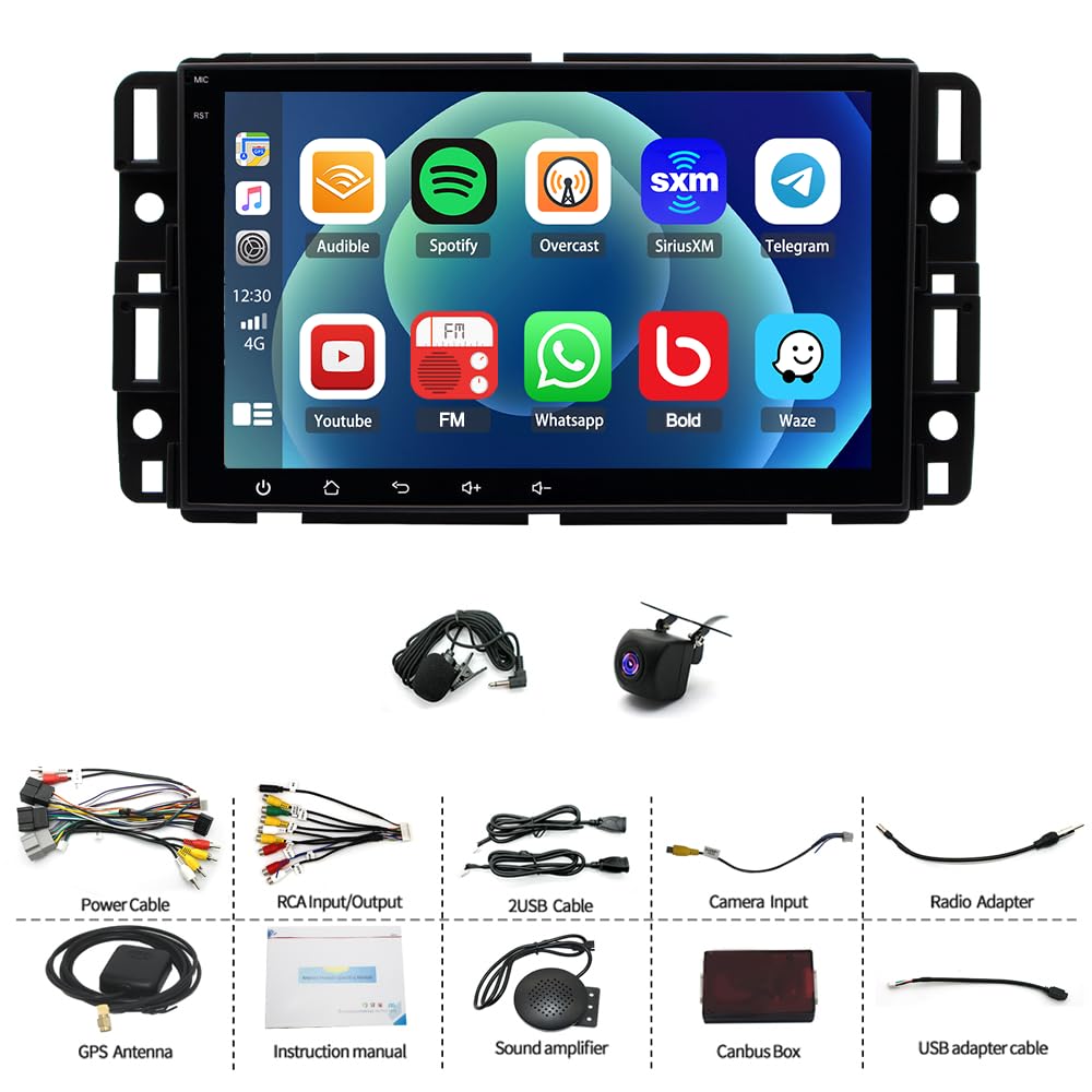 4G+64G Car Stereo Upgrade for GMC Sierra 2009-2012 with Wireless CarPlay and Android Auto, 8 Inch HD Touchscreen Android 14 Double Din Car Radio Receiver w/Bluetooth GPS WiFi FM RDS SWC Backup Camera
