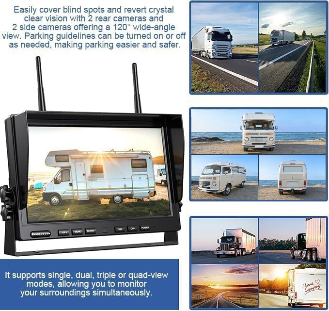 1080P Wireless Backup Camera System Kit with 10'' DVR 3 Split Monitor, IP69 Waterproof Digital Signal Record System 1 Rear 2 Side View Cameras for RV/Truck/Trailer/Camper—BW103SL