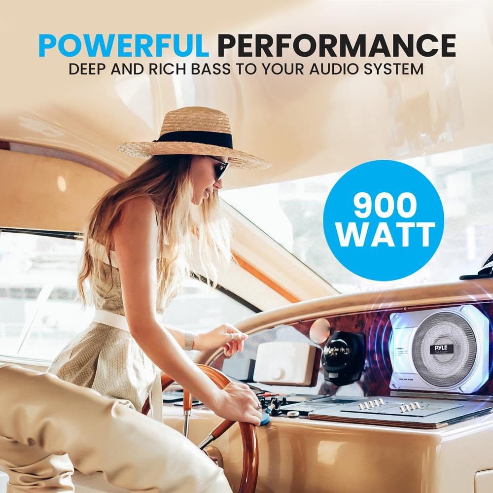 Pyle 10-Inch Low-Profile Amplified Subwoofer System - 900 Watt Compact Enclosed Active Marine Underseat Car Subwoofer with Built In Amp, Powered Car Subwoofer w/ Low & High Level Inputs