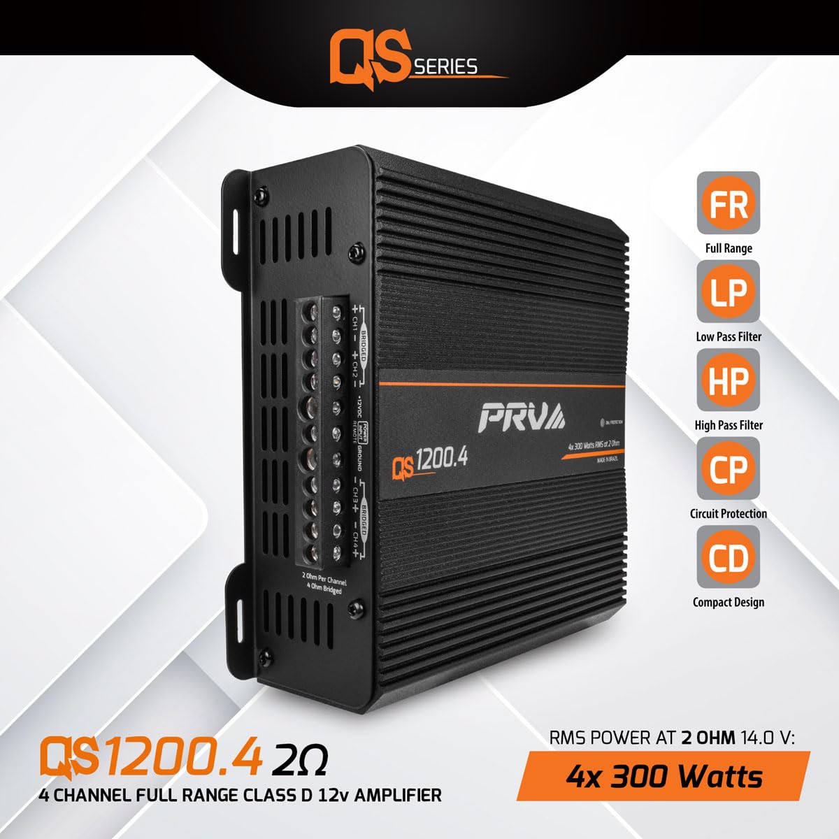 PRV Audio QS1200.4 2 Ohm Compact 4 Channel Car Audio Amplifier 4 x 310 Watts RMS at 2 Ohm - High Power Stereo 12 Volts Amp Class D Full Range Bridgeable
