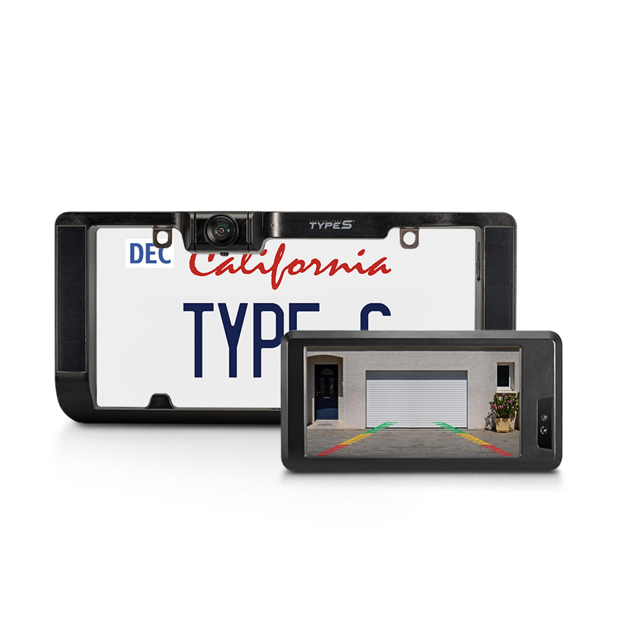Type S Wireless HD Backup Camera Built into License Plate Frame, Solar Powered Self-Charging, 6" HD Dashboard Monitor with Parking Assistance Lines, Motion Sensor