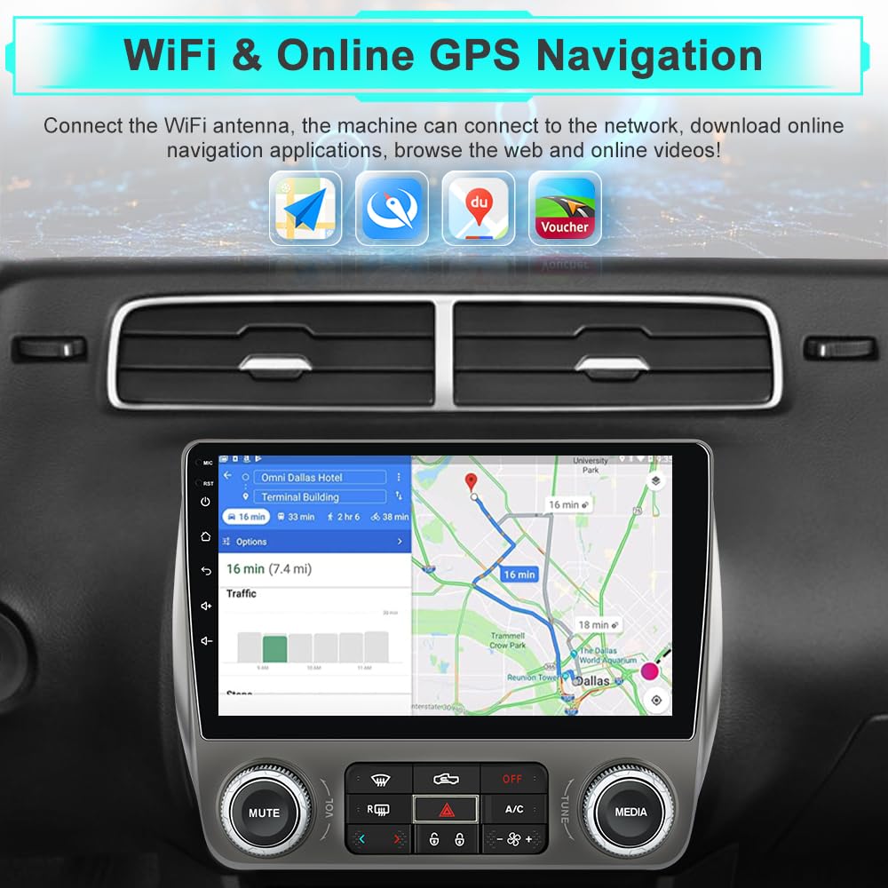 Car Radio for Chevrolet Camaro 2010-2015 Android 15 with 9 inch Touchscreen 2GB+64GB Carplay, Android Auto, Online Navigation, SWC, WiFi, Bluetooth, FM/AM/Radio,DSP