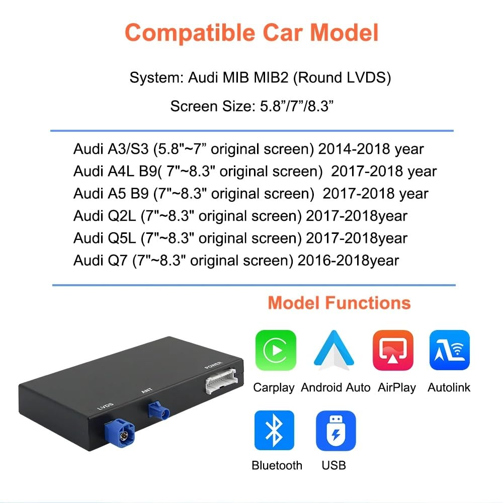 Wireless Carplay for Audi A3 S3 A5 A4L Q2L Q5L Q7 2013-2018 with MIB MIB2 System Carplay Android Auto Retrofit Kit Decoder Round LVDS Support Bluetooth, Mirrorlink, Siri, Navigation, Camera