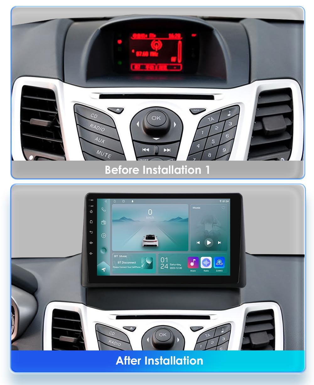 Android 14 Car Radio Stereo for Ford Fiesta (2009-2016), 2+64GB GPS Navigation Head Unit 9 inch 1280 * 720 Touchscreen with Carplay/Android Auto Bluetooth DSP SWC TPMS WiFi USB
