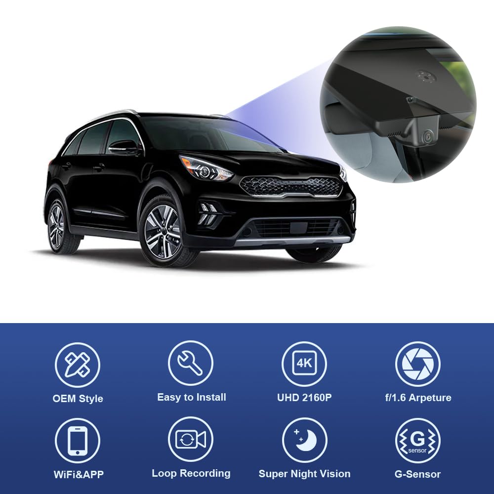Fitcamx 4K Dash Cam Suitable for Kia NIRO 2017-2022 & NIRO EV 2019-2022 FE Touring EX Premium LX S EX (G5000), OEM Look, UHD 2160P Video, WiFi &APP, Loop Recording, G-Sensor, Easy to Set, 64GB Card