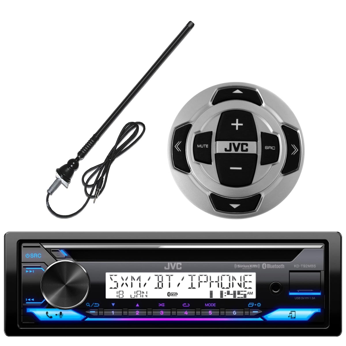 Single DIN in-Dash Marine Boat Yacht Bluetooth Radio USB AUX Stereo CD Player Receiver Bundle Combo with Wired Radio Remote and Enrock Long Range Marine Radio Antenna