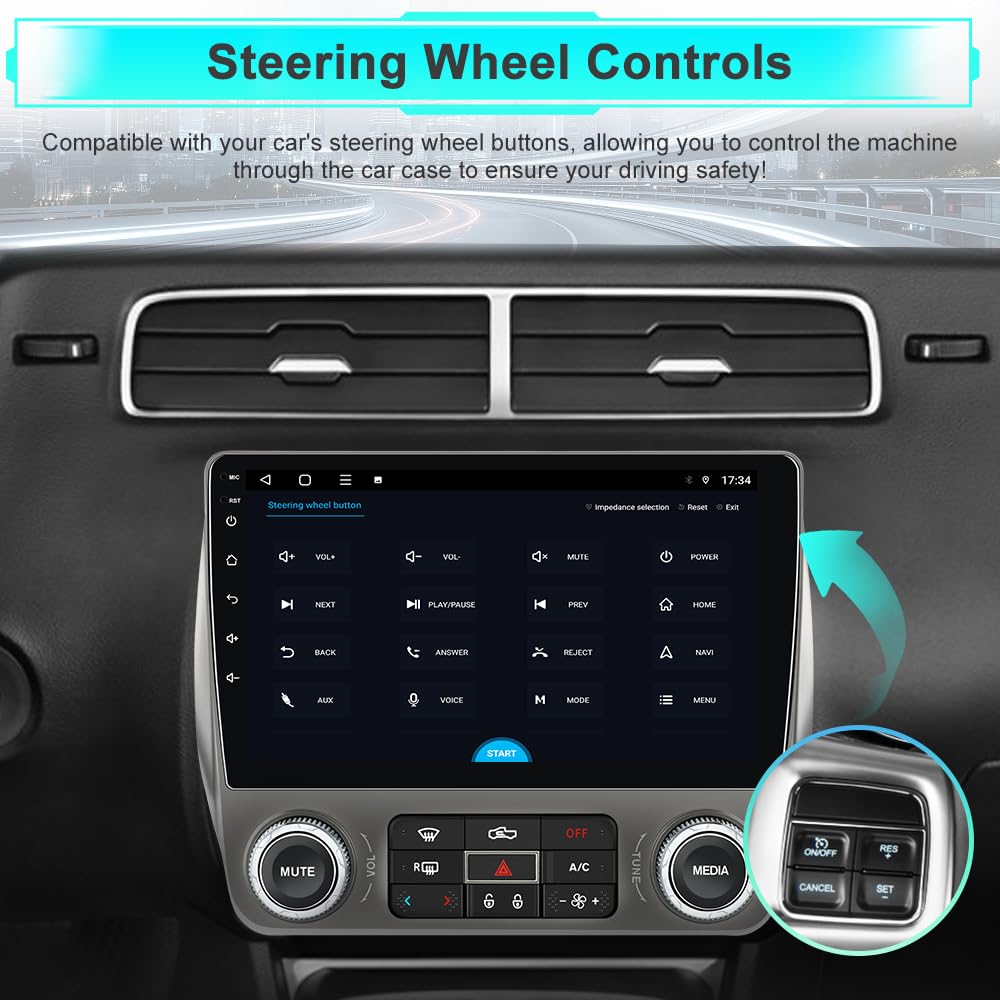 Car Radio for Chevrolet Camaro 2010-2015 Android 15 with 9 inch Touchscreen 2GB+64GB Carplay, Android Auto, Online Navigation, SWC, WiFi, Bluetooth, FM/AM/Radio,DSP