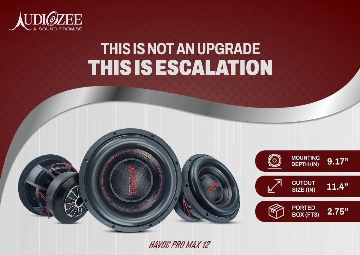 Audiozee Havoc Pro Max 12" 5000W RMS/10000W Max – Dual 2 Ohm Subwoofer, 4" 4-Layer Flat Aluminum Voice Coil, Kevlar Fiber Cone, Competition Grade Design