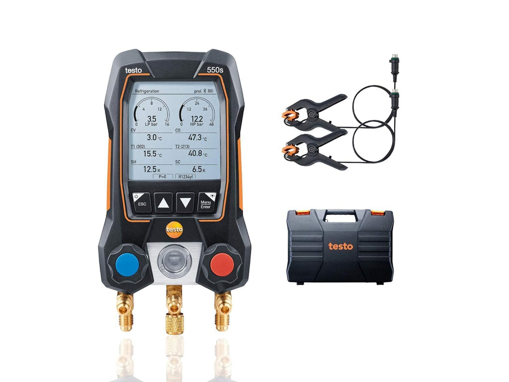 testo 550s AC Manifold Gauge Set – Manifold Gauges HVAC – Incl. 2 Wired Temperature Clamp Probes – Recharge Kit with Superheat, Subcooling For AC, Refrigeration & Heat Pumps – Bluetooth