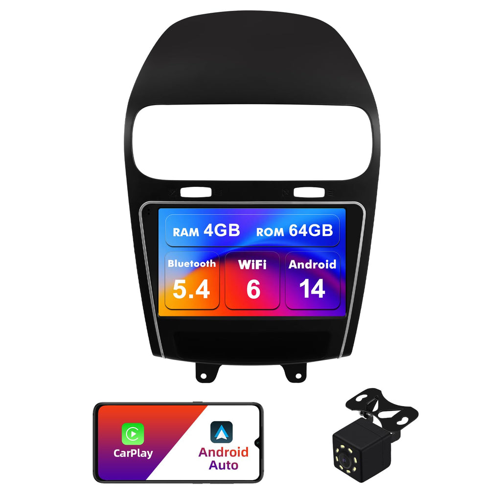 4+64G Android 14 Double Din Car Radio Stereo for Dodge Journey 2011-2019 with 9" Touchscreen Radio Built-in Wireless Carplay/Android Auto/GPS/Bluetooth/FM/AUX-in/SWC/Camera