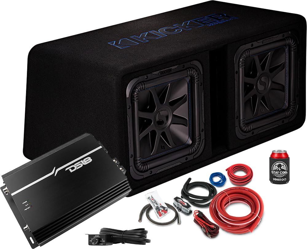 KICKER Subwoofer and Amp Package of 3 Items - 12" Solo-Baric L7S Vented 3000 Watt Dual Sub Enclosure, DS18 Korean Class D Monoblock Amplifier, and Complete 0AWG Wiring Kit DL7S122+EXL-P2000X1D+AMPKIT0