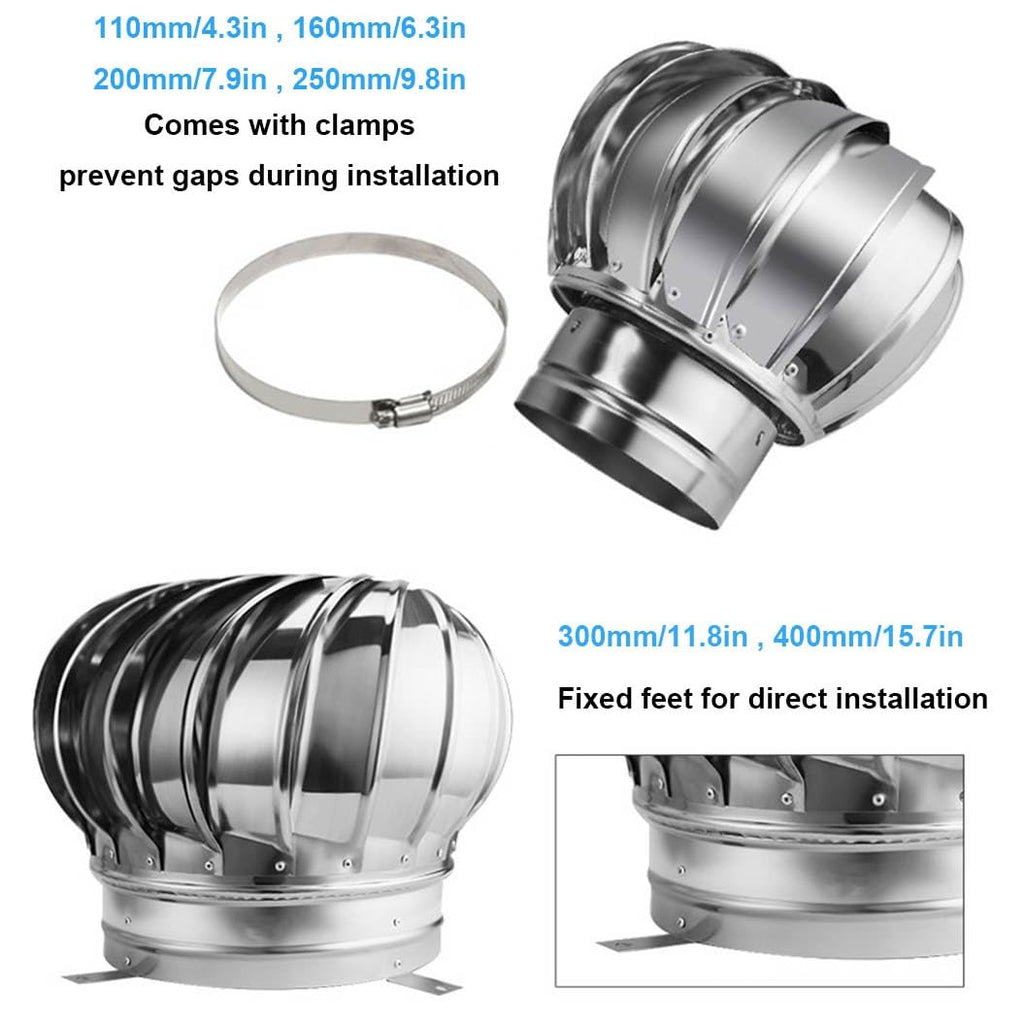 Rotating Wind Turbines Roof NTS, Stainless Steel 304 Roof Ntilator, 4 Inch 8 Inch 10 Inch 12 Inch Air Nt Outlet, Chimney Cowl Attic Air Nt Outlet Ntilating Fan，One Color 200mm/7.9in