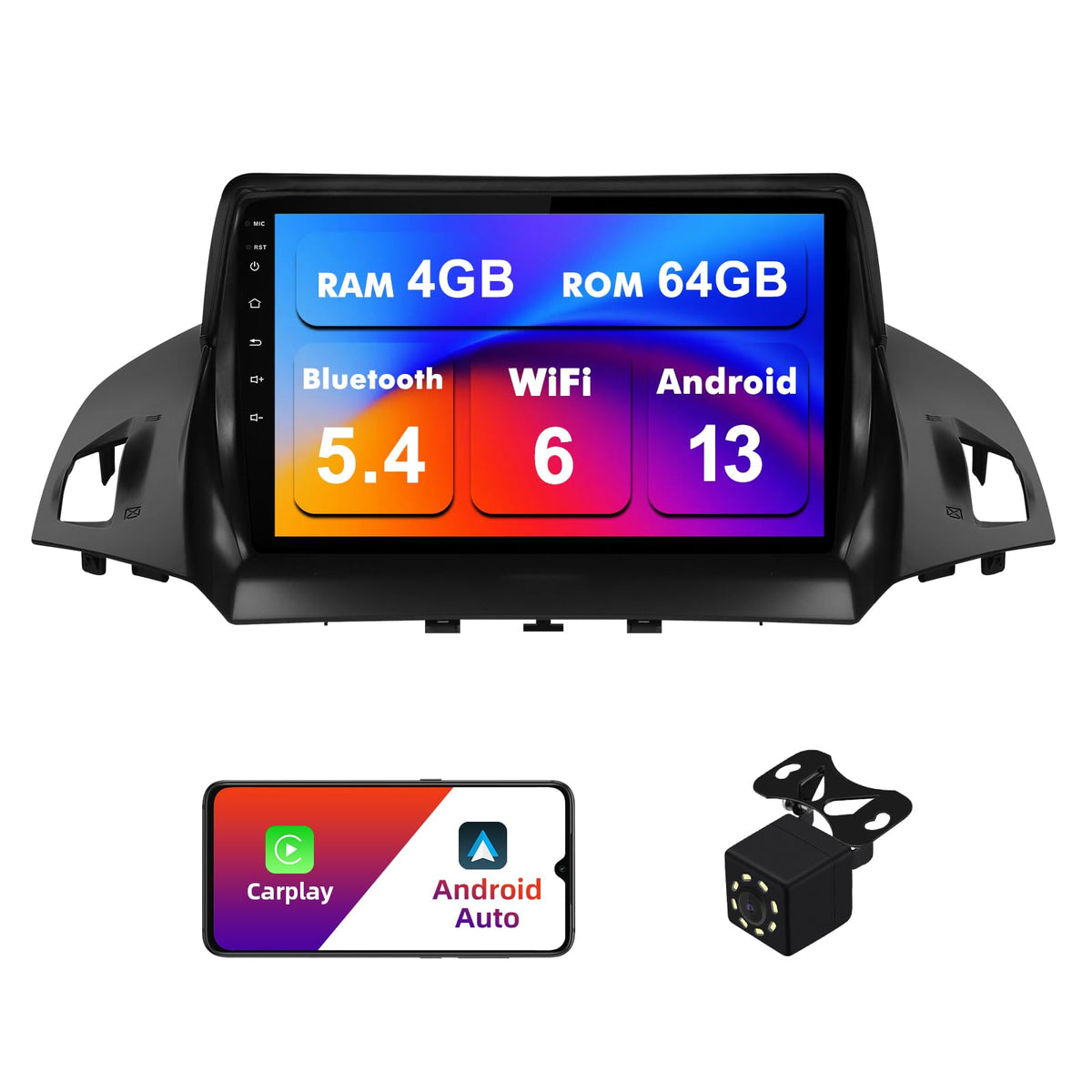4+64G Android 13 Double Din Car Stereo for Ford Escape 2013-2016 with 9 Inch Touchscreen Radio Built-in Wireless Carplay/Android Auto/GPS/Bluetooth/FM/AUX-in/Steering Wheel Controls/Backup Camera