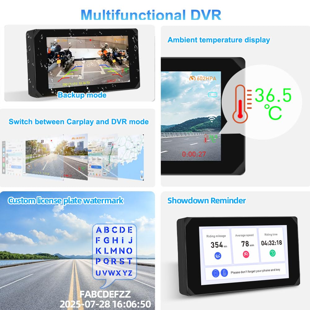 Motorcycle Carplay Screen, Wirelss Carplay Android Auto, Tire Pressure Sensors, Parking Monitoring, WiFi 5 Inch Touchscreen 1080P Front and Rear Camera Motorbike Dash Camera, GPS (5-inch)